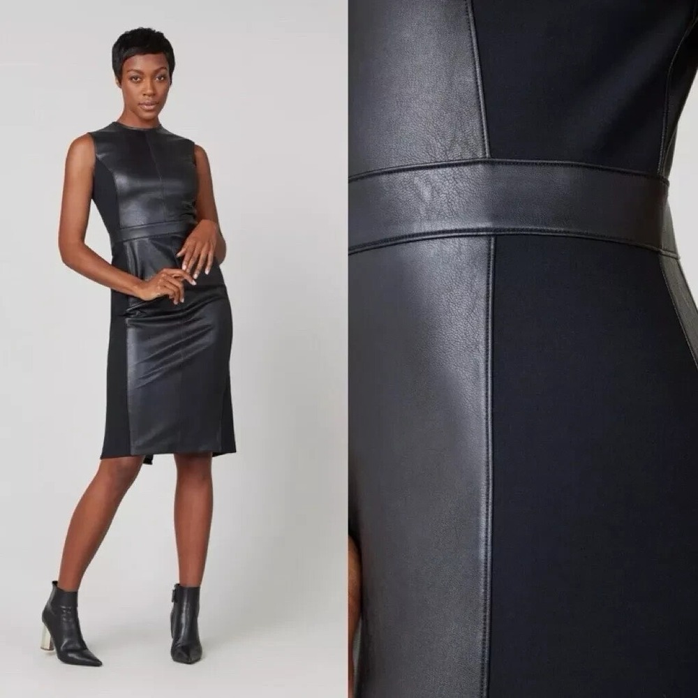 Spanx Leather Like Mixed Media Fitted Sheath Dress Womens Medium Black 20393R